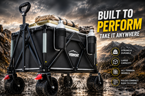 Overmont 150kg Festival Camping Trolley on Wheels – Heavy Duty Folding Wagon Cart with All-Terrain Wheels, Brake, Adjustable Handle, Portable for Outdoor, Beach, Garden & Shopping – Black AUTO-WIN 15/07