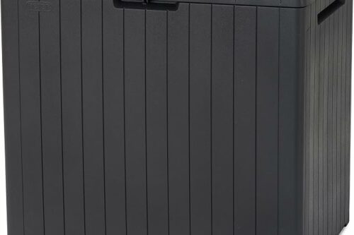Keter City 113L Outdoor 96% recycled Small Balcony Garden Furniture Storage Box Grey Wood Panel Effect | Fade Free | All Weather Resistant | Safe and Secure -AUTO WIN 14/08