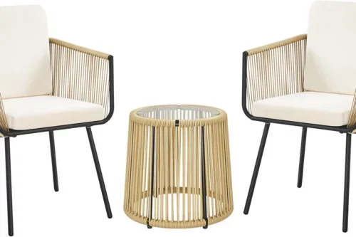 YAHEETECH 3-PIECE PE RATTAN BISTRO SET, 2 CHAIRS & SIDE TABLE, TAN/CREAM | ALL-WEATHER OUTDOOR WICKER DINING SET | CUSHIONS & TEMPERED GLASS TABLETOP | FOR GARDEN, BALCONY, BACKYARD & PATIO AUTO-WIN 13/08