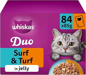 Whiskas 1+ Adult Tasty Duo in Jelly, 84 Pouches, Adult Wet Cat Food, Surf and Turf, Megapack (84 x 85 g),AUTO WIN 29/08