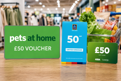 GIFT VOUCHER BUNDLE £50 ASDA £50 ALDI £50 PETS AT HOME AUTO-WIN 04/09
