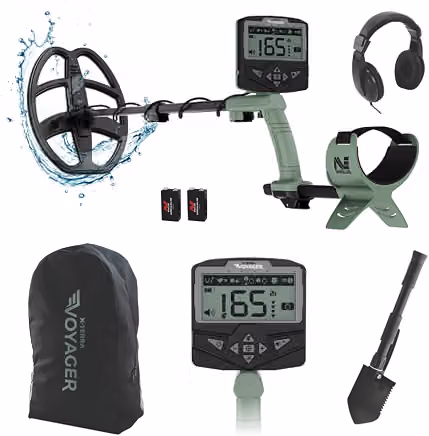 Minelab X-Terra Voyager All-Terrain Professional Pinpointing Metal Detector for Adults with Waterproof Coil, 4 Detect Modes, Clear Target ID, Backlit Display (with Headphones, Backpack, Shovel)-08/09