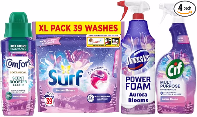 Aurora Blooms Winter Cleaning & Laundry 4 Piece Bundle Includes Comfort, Surf, Cif & Domestos Fresh Floral Winter Fragrance-AUTO WIN 05/09
