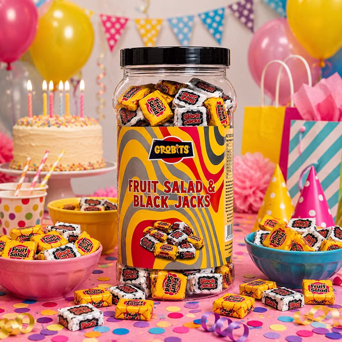 2 X GROBITS - Fruit Salad & Black Jacks Retro Sweets Gift Jar (535g)  -AUTO WIN 08/09