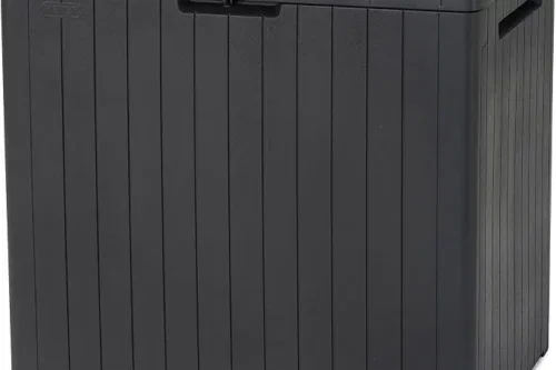 KETER CITY 113L OUTDOOR 96% RECYCLED SMALL BALCONY GARDEN FURNITURE STORAGE BOX GREY WOOD PANEL EFFECT | FADE FREE | ALL WEATHER RESISTANT | SAFE AND SECURE -AUTO WIN 01/09
