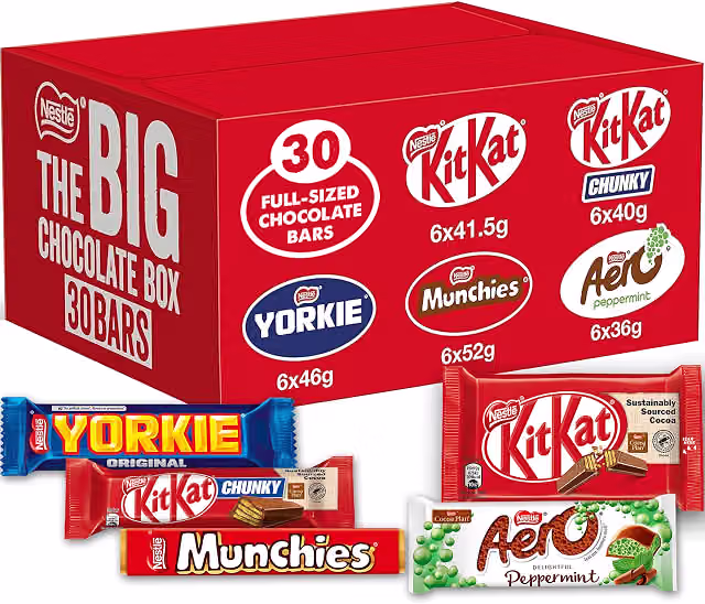 NESTLÉ THE BIG CHOCOLATE BOX, 30 X CHOCOLATE BARS – KITKAT, KITKAT CHUNKY, YORKIE, AERO, MUNCHIES-AUTO WIN 13/09