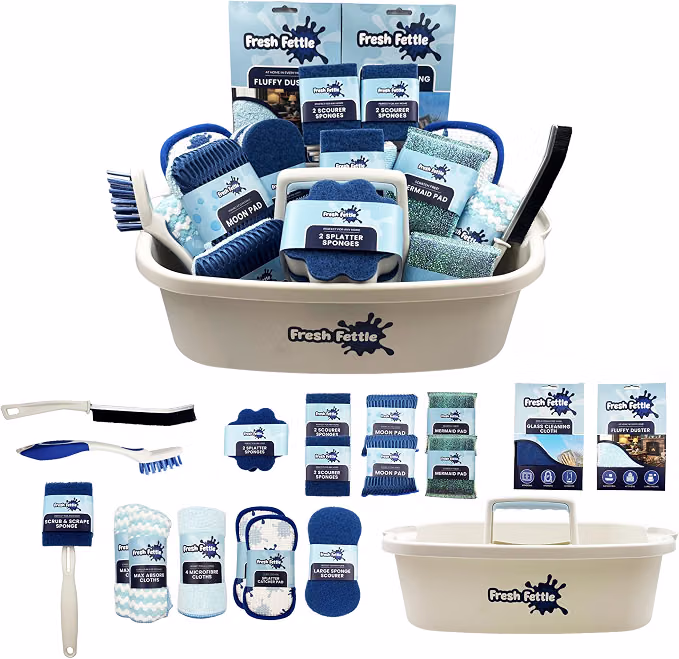 26Pc Complete Cleaning Caddy Kit With Microfibre Cloths, Sponge & Scourer's For Kitchen And Bathroom Cleaning - Home Cleaning Kit-AUTO WIN 05/09