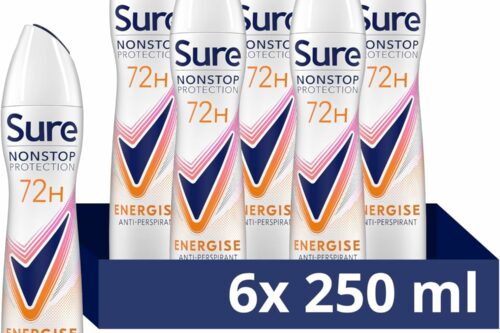 Sure Women Nonstop Protection Energise Deodorant Body Spray Antiperspirant with a mandarin and mango scent & body heat activated technology for 72 hour AUTO-WIN 03/10