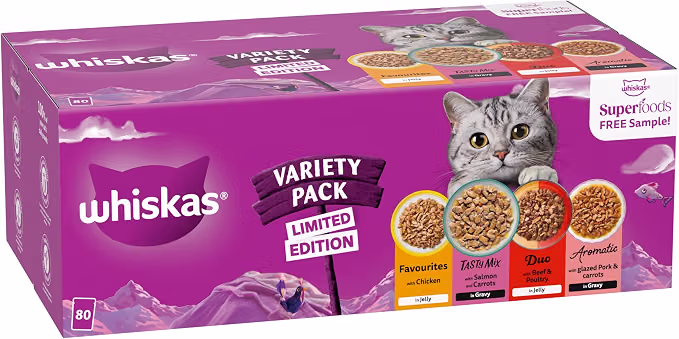 WHISKAS 1+ Adult Wet Cat Food Limited Edition Variety Pack, Mixed Pouches in Gravy and Jelly 80 x 85g-AUTO WIN 10/09