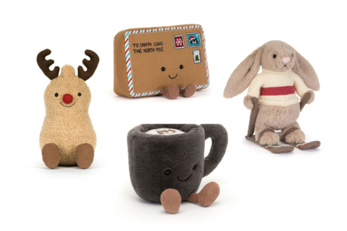 JELLYCAT BUNDLE Amuseables Peanut Reindeer - Amuseables Letter To Santa - Amuseables Coffee Cup - Bashful Bunny ‘Gold Medal Ski 03/10