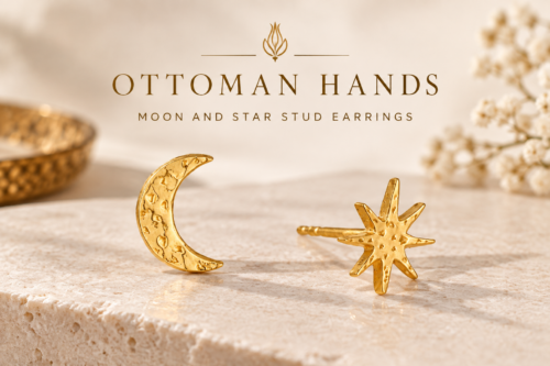 Ottoman Hands Moon and Star Stud Earrings, Gold-AUTO WIN 05/10
