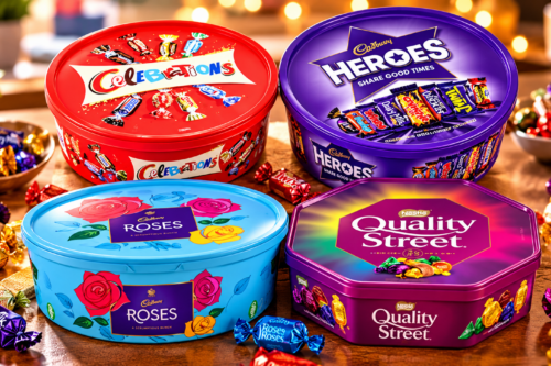 4 X CHOCOLATE TUBS ASSORTED PACK 1 EACH OF CELEBRATIONS, HEROS, ROSES, QUALITY STREET – AUTO WIN 06/10