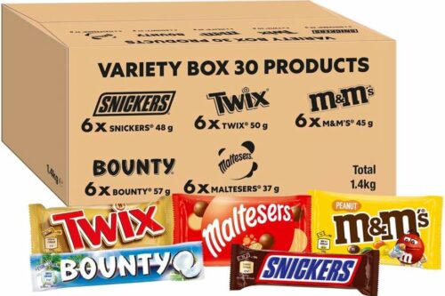 M&M’S, SNICKERS & MORE, MIXED CHOCOLATE BAR VARIETY BULK BOX, CHOCOLATE GIFT, 30 BARS, 1.4KG-AUTO WIN 08/10