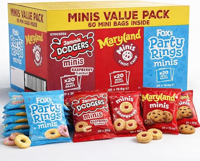 FOX’S MINI BISCUIT VARIETY PACK 60 COUNT – JAMMIE DODGERS, MARYLAND CHOC CHIP & PARTY RINGS MINIS – INDIVIDUALLY WRAPPED SNACK PACKS – KIDS LUNCHBOX, PARTY & BULK BISCUITS UK AUTO-WIN 31/10