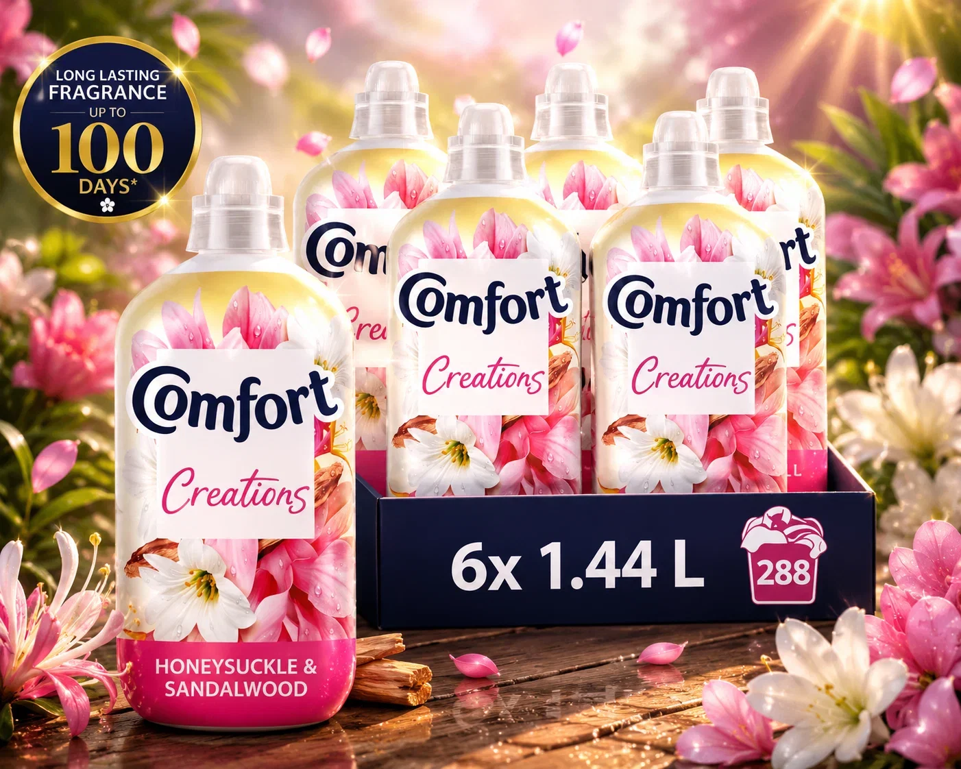 COMFORT CREATIONS HONEYSUCKLE & SANDALWOOD FABRIC CONDITIONER WITH STAY FRESH TECHNOLOGY FOR 100 DAYS OF FRESHNESS + FRAGRANCE* 288 WASHES (6X 1.44 L) AUTO-WIN 31/10