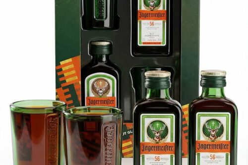 Jagermeister Gift Set - x2 Official Jagermeister Miniatures Shot Bottles 2cl and x2 Shot Glasses-AUTO WIN 10/10