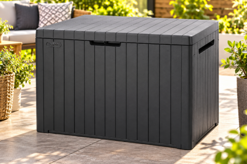 Keter City 113L Outdoor Balcony Storage Box Grey Wood Panel Effect AUTO-WIN 05/10