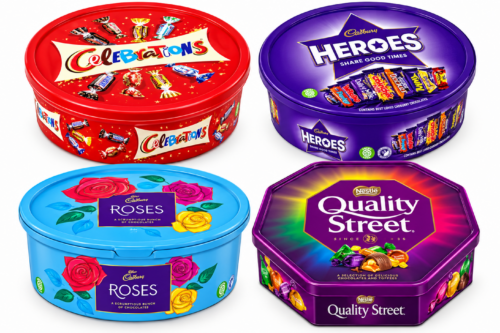 4 X CHOCOLATE TUBS ASSORTED PACK 1 EACH OF CELEBRATIONS , HEROS , ROSES , QUALITY STREET – AUTO WIN 21/10