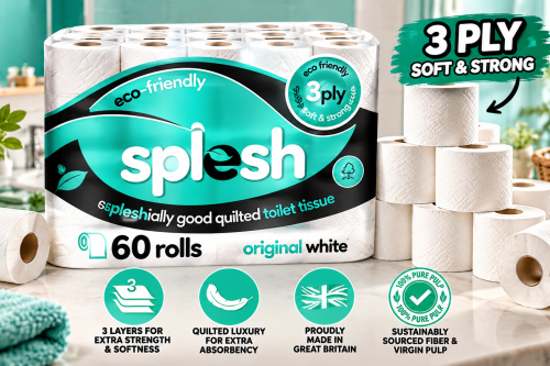 SPLESH BY CUSHEEN 3-PLY TOILET ROLL – UNSCENTED (60 PACK) SOFT, QUILTED AUTO-WIN 23/10