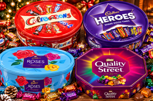 4 X CHOCOLATE TUBS ASSORTED PACK 1 EACH OF CELEBRATIONS, HEROS, ROSES, QUALITY STREET – AUTO WIN 19/10