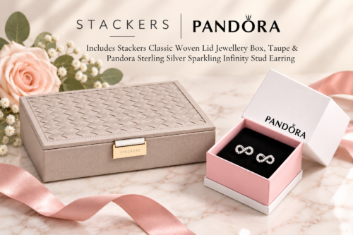 Stackers Classic Woven Lid Jewellery Box, Taupe & Pandora Sterling Silver Sparkling Infinity Stud Earring-AUTO WIN 04/11