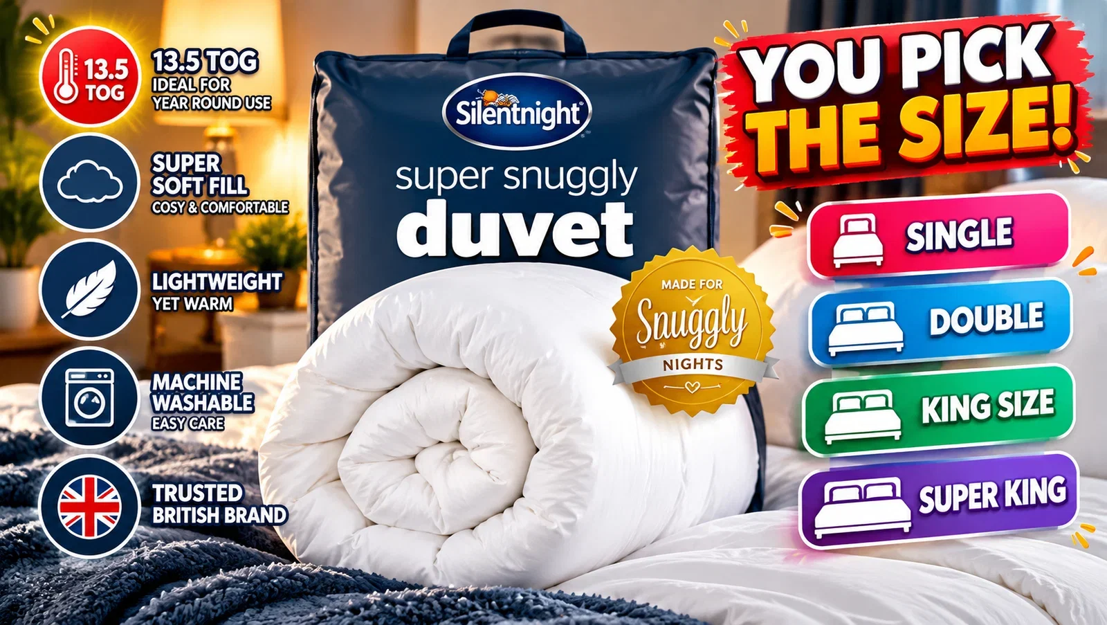 YOU PICK THE SIZE Silentnight Deep Sleep 13.5 Tog  Duvet – Autumn Winter Comfy Bed Quilt Warm Sleep Ideal for Cold Nights Luxury Filled Soft Comfort – Hypoallergenic Machine Washable, AUTO-WIN 31/10