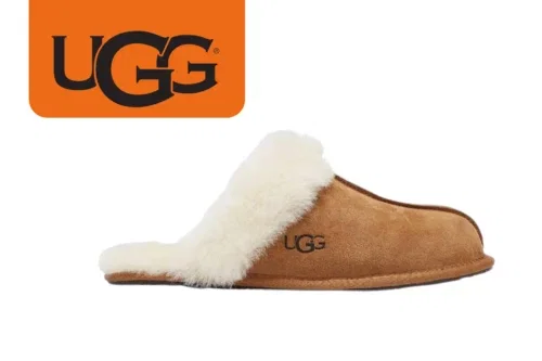 UGG SCUFFETTE SHEEPSKIN AND SUEDE SLIPPERS, CHESTNUT-AUTO WIN 11/10