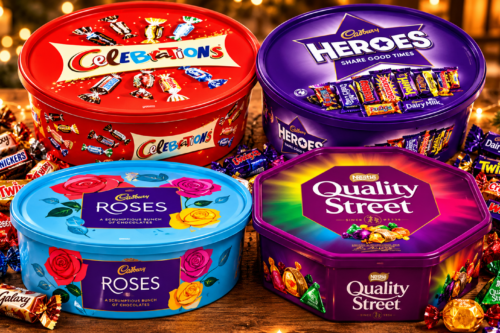 4 X CHOCOLATE TUBS ASSORTED PACK 1 EACH OF CELEBRATIONS , HEROS , ROSES , QUALITY STREET – AUTO WIN 10/10