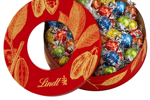 LINDT COCOA POD TIN RED 450G-AUTO WIN 06/10
